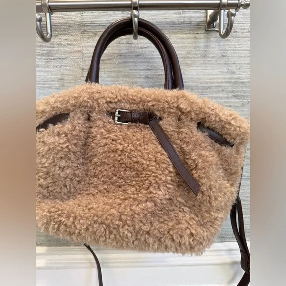 New Anthropologie Sherpa belted tote bag crossbody purse tan brown satchel - Picture 7 of 15